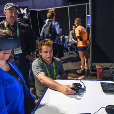 Nagin Cox takes in some VR at SIGGRAPH 2016. Photo courtesy John Fujii
