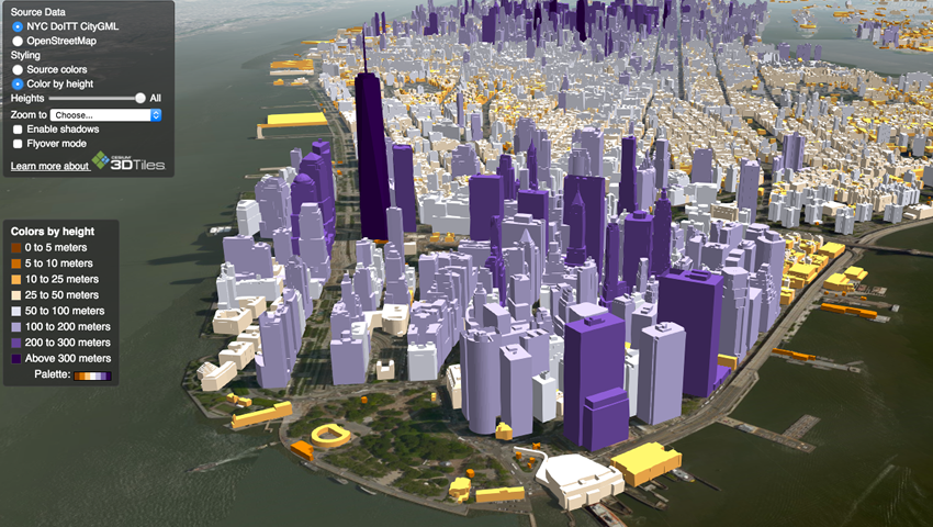 Cesium, http://cesiumjs.org/, simulation of New York City skyline. Image provided by Analytics Graphics Inc.
